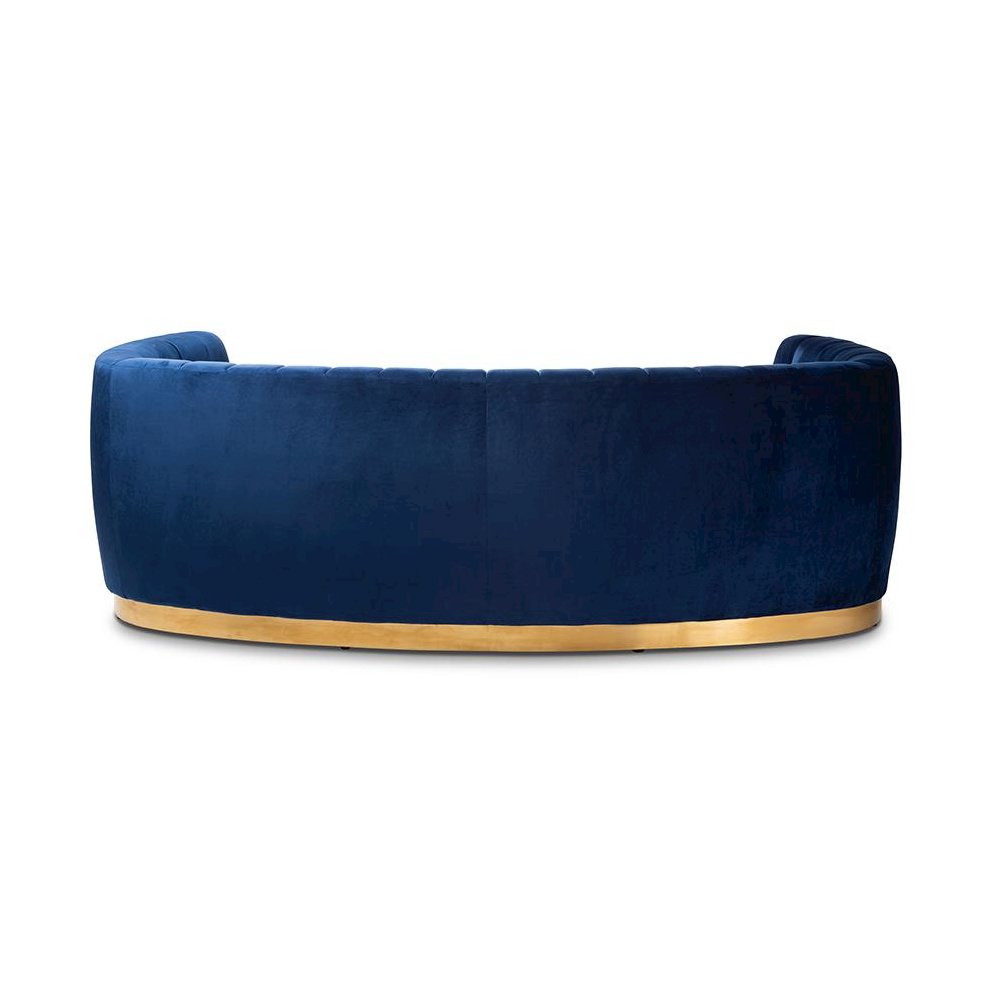 Milena Glam Royal Blue Velvet Fabric Upholstered Gold-Finished Sofa. Picture 4