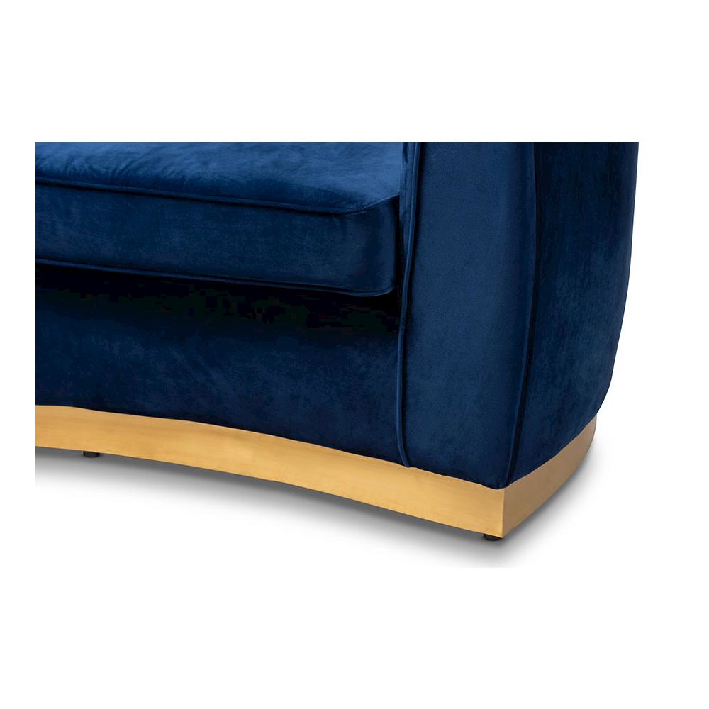 Milena Glam Royal Blue Velvet Fabric Upholstered Gold-Finished Sofa. Picture 6