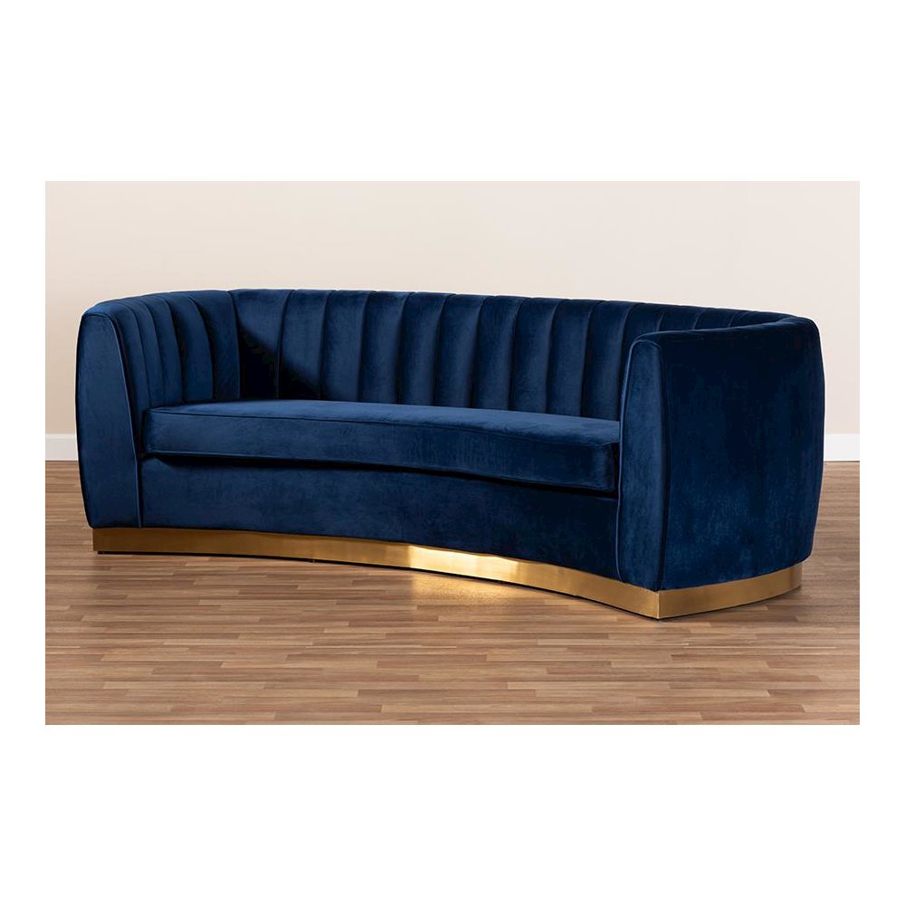 Milena Glam Royal Blue Velvet Fabric Upholstered Gold-Finished Sofa. Picture 8