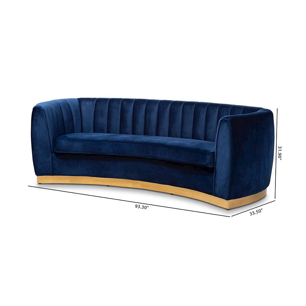 Milena Glam Royal Blue Velvet Fabric Upholstered Gold-Finished Sofa. Picture 9