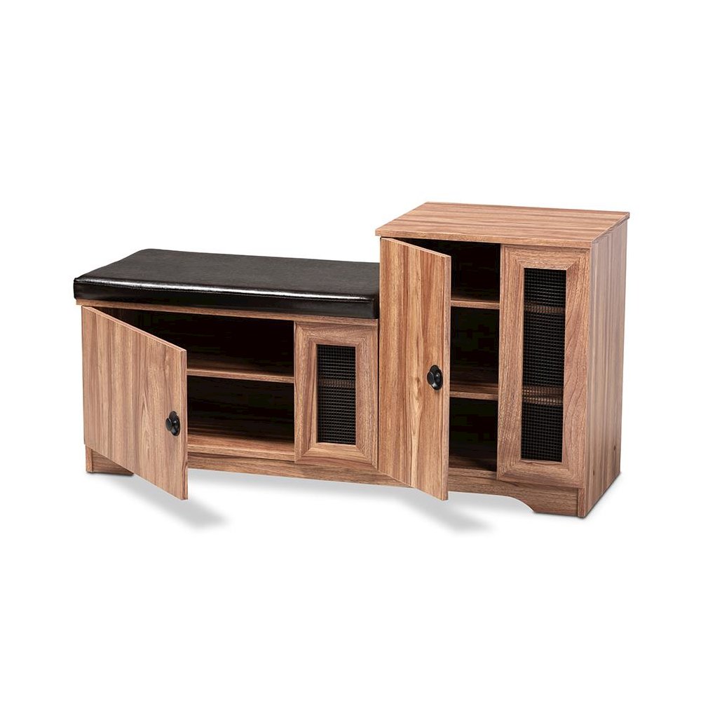Dark Brown Faux Leather Upholstered 2-Door Wood Shoe Storage Bench. Picture 2