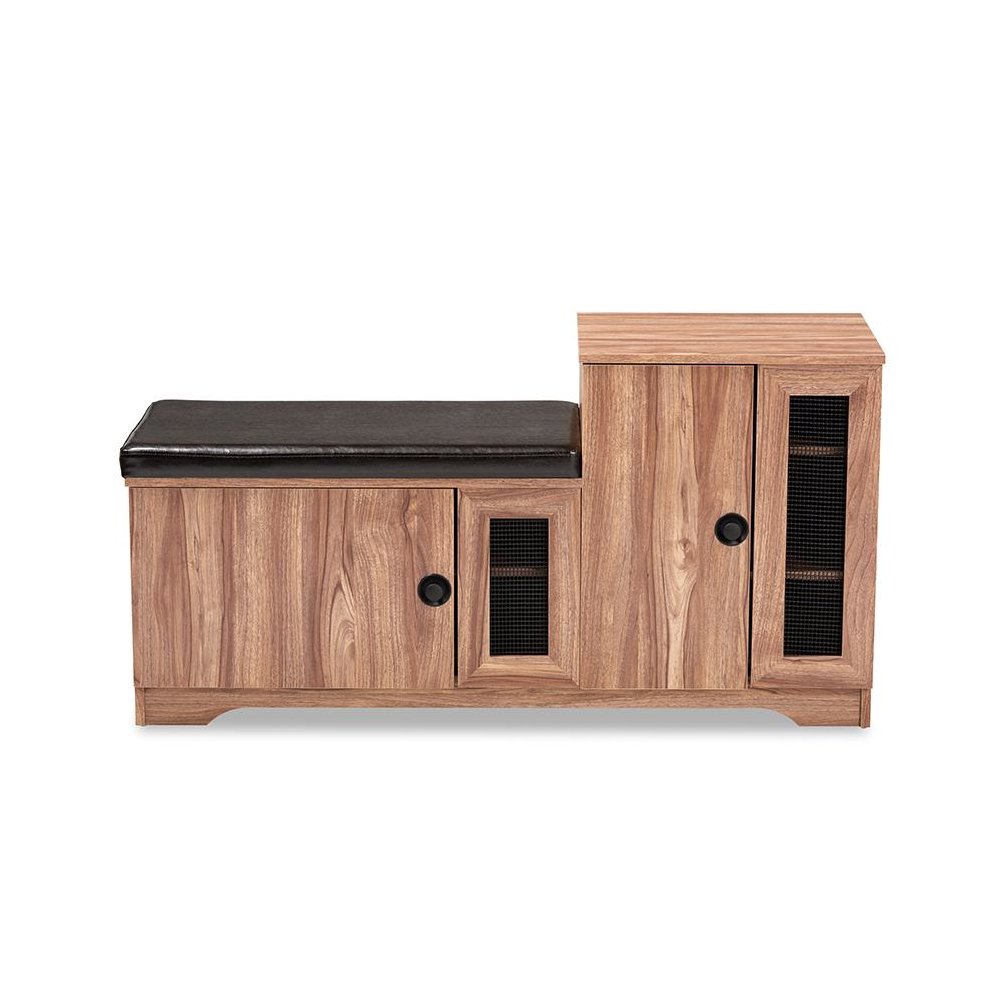 Dark Brown Faux Leather Upholstered 2-Door Wood Shoe Storage Bench. Picture 3