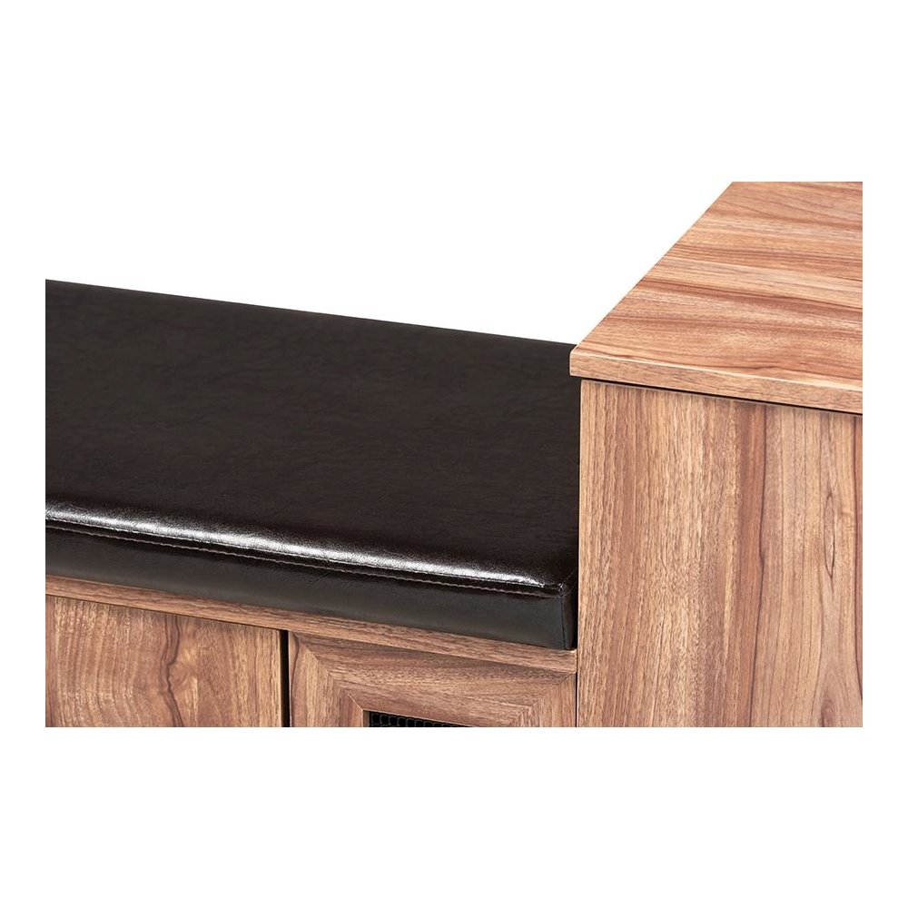 Dark Brown Faux Leather Upholstered 2-Door Wood Shoe Storage Bench. Picture 5