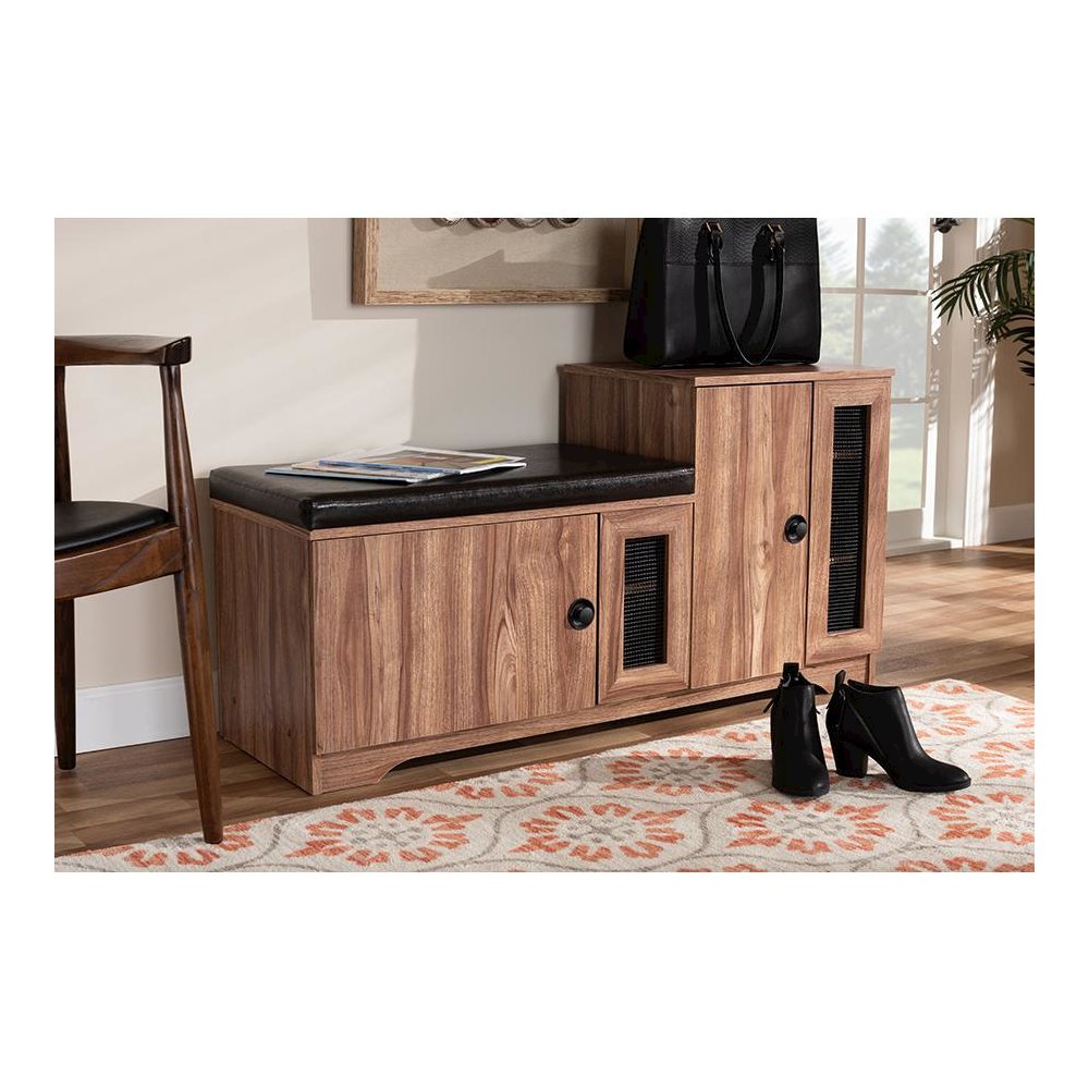 Dark Brown Faux Leather Upholstered 2-Door Wood Shoe Storage Bench. Picture 7
