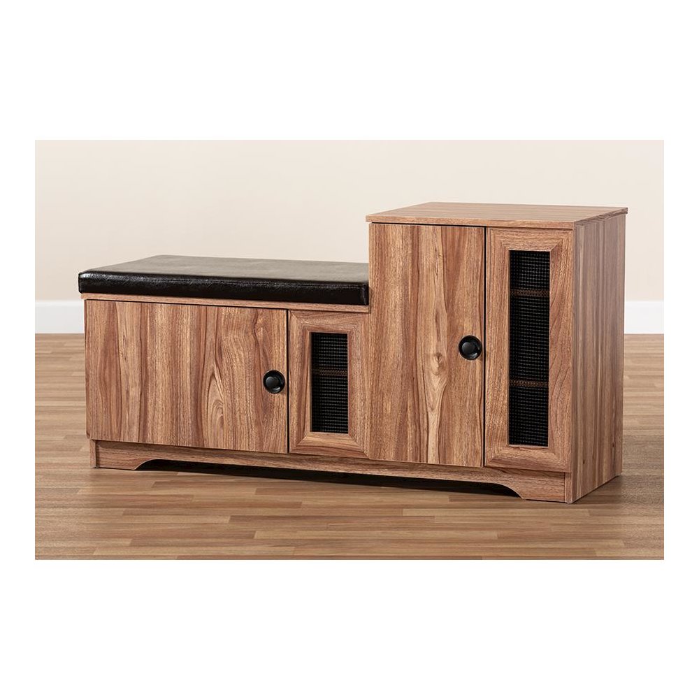 Dark Brown Faux Leather Upholstered 2-Door Wood Shoe Storage Bench. Picture 9