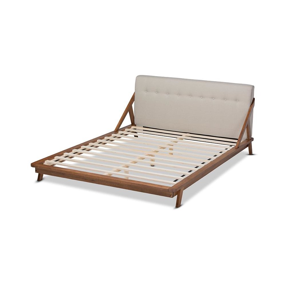 Light Beige Fabric Upholstered Wood Full Size Platform Bed. Picture 3