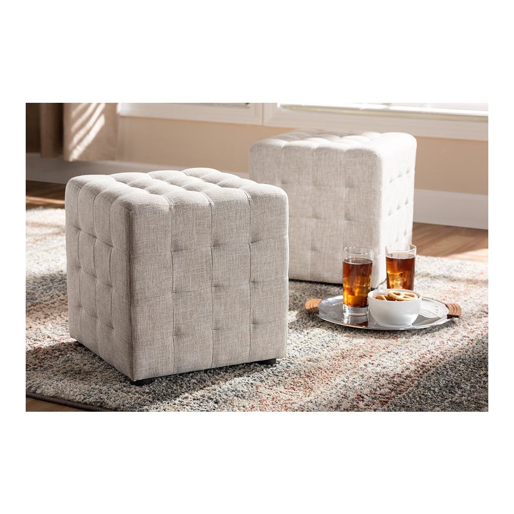 Beige Fabric Upholstered Tufted Cube Ottoman Set of 2. Picture 4