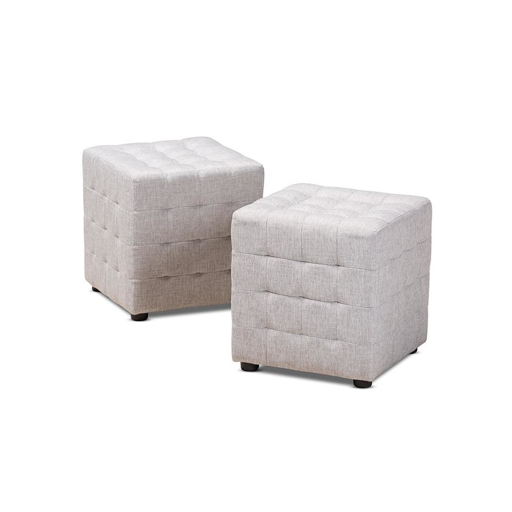 Greyish Beige Fabric Upholstered Tufted Cube Ottoman Set of 2. Picture 1