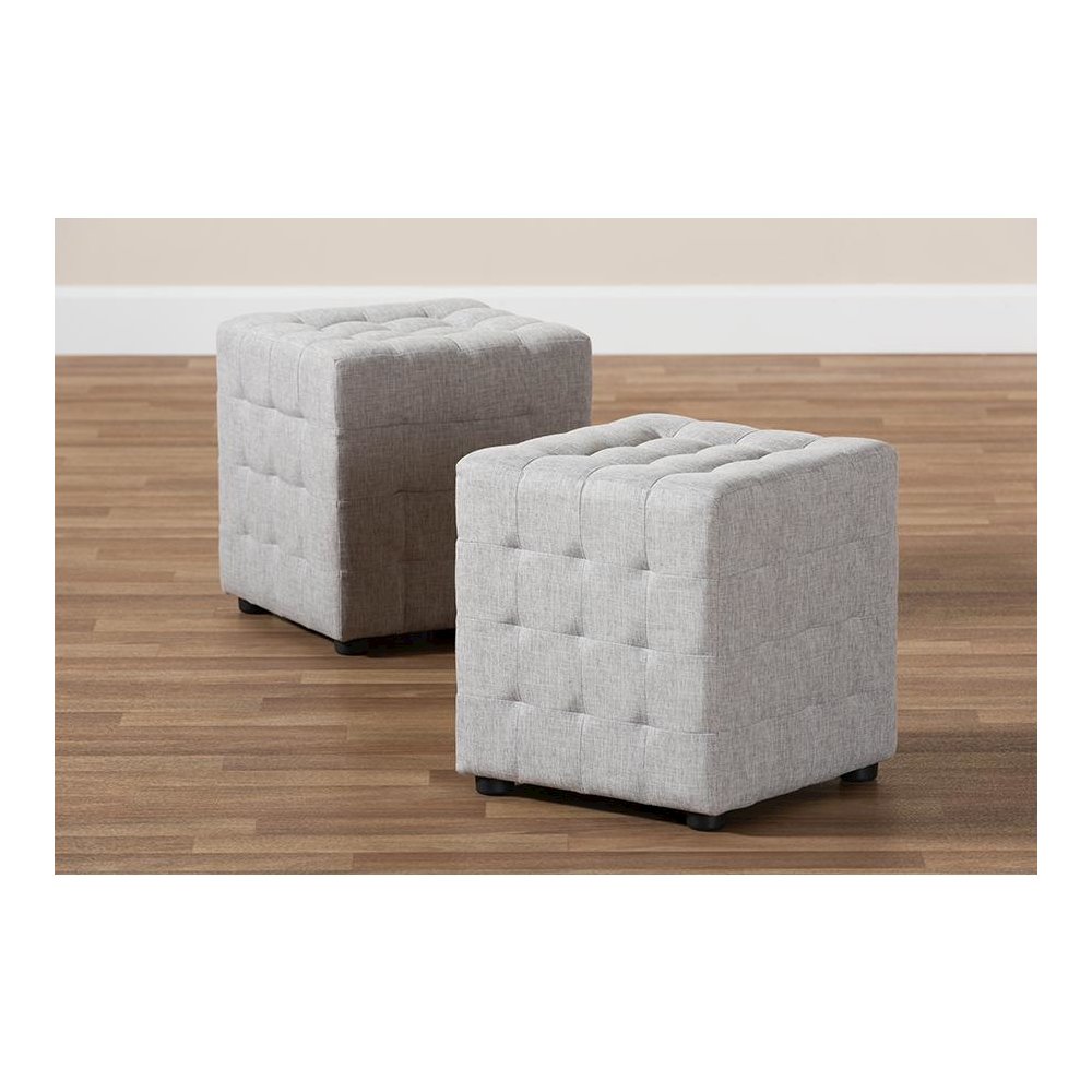 Greyish Beige Fabric Upholstered Tufted Cube Ottoman Set of 2. Picture 5