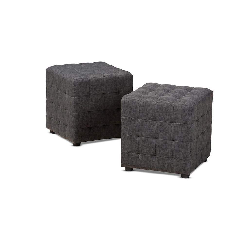 Dark Grey Fabric Upholstered Tufted Cube Ottoman Set of 2. Picture 1