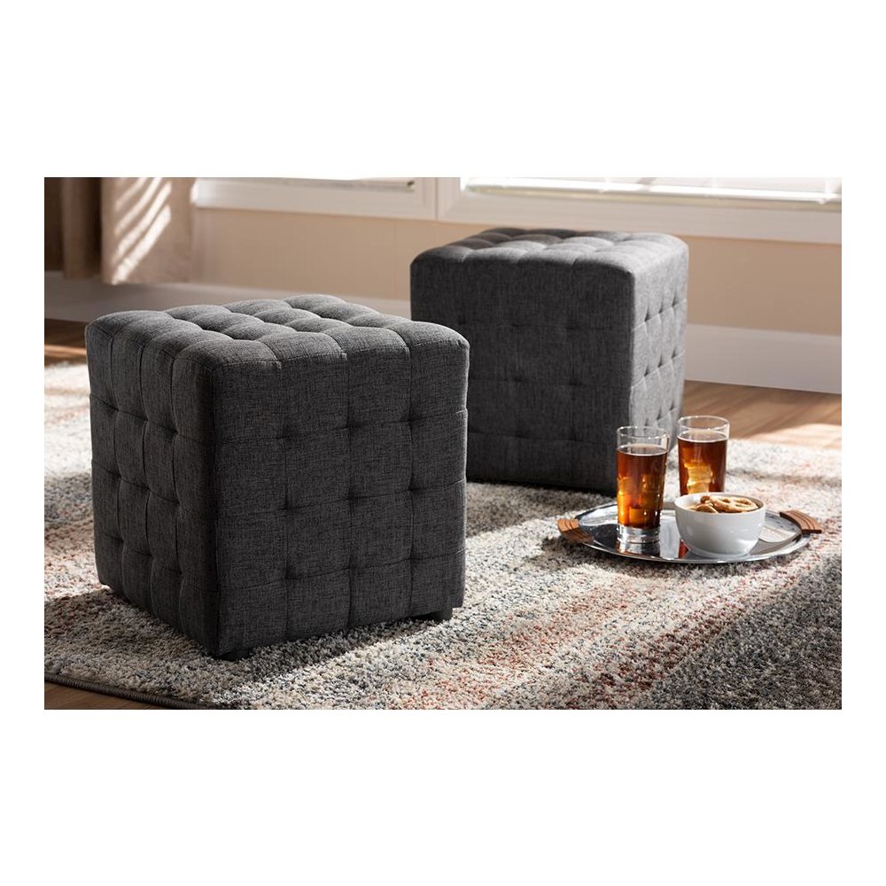 Dark Grey Fabric Upholstered Tufted Cube Ottoman Set of 2. Picture 4