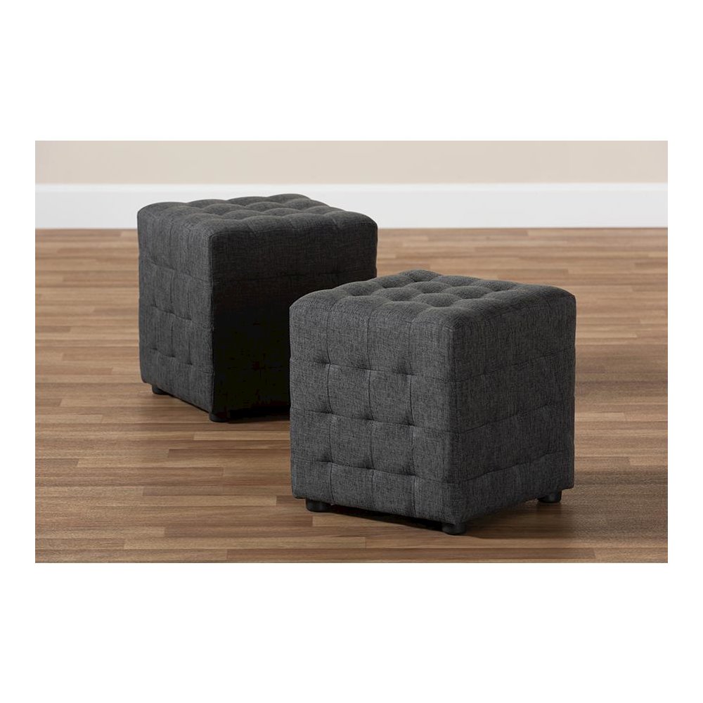 Dark Grey Fabric Upholstered Tufted Cube Ottoman Set of 2. Picture 5