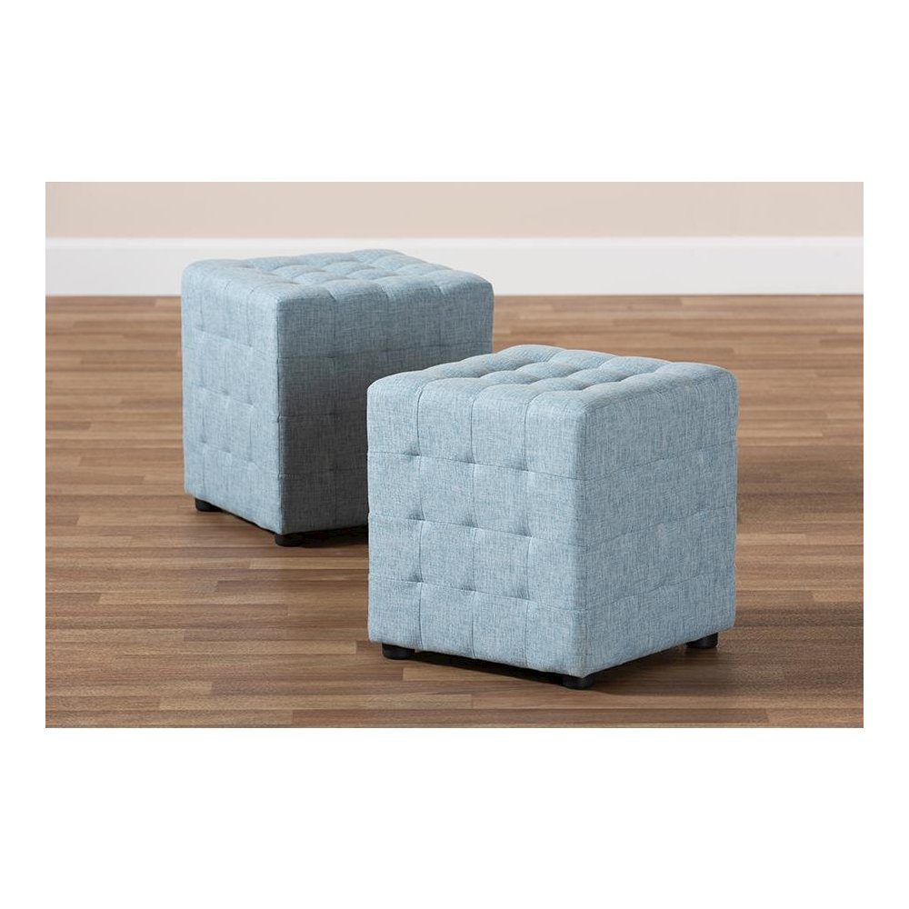 Light Blue Fabric Upholstered Tufted Cube Ottoman Set of 2. Picture 5