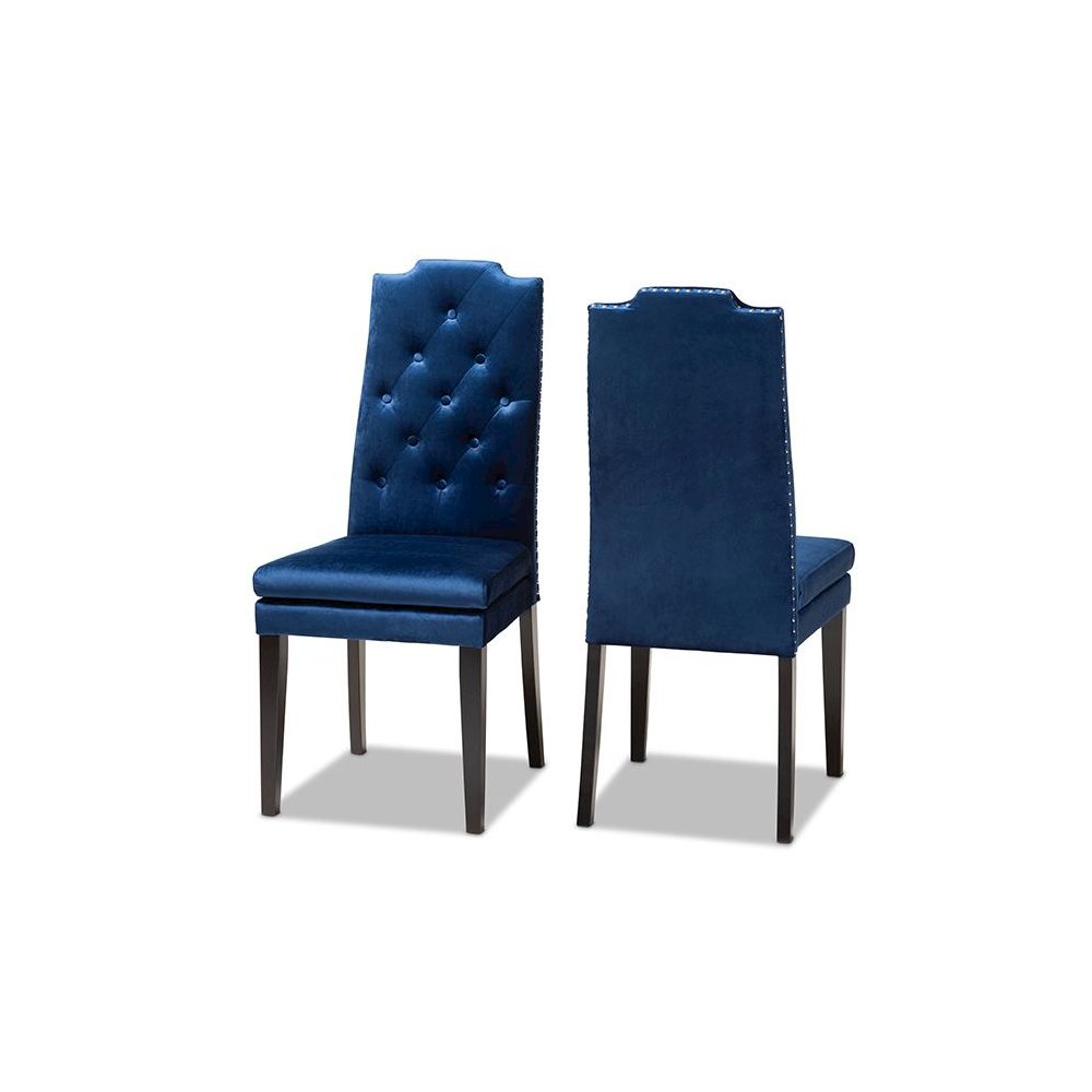 Navy Blue Velvet Fabric Upholstered Button Tufted Wood Dining Chair Set of 2. Picture 1