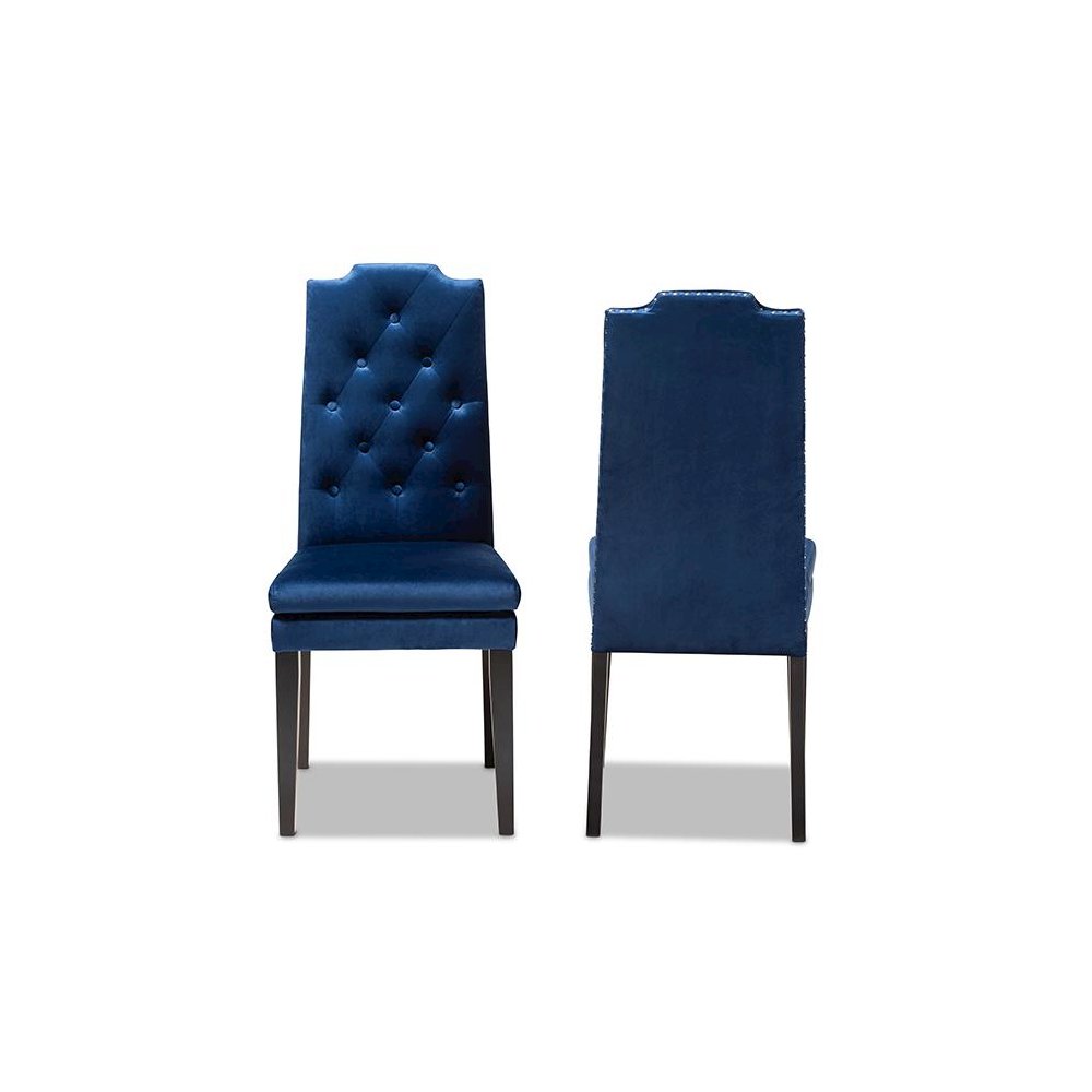 Navy Blue Velvet Fabric Upholstered Button Tufted Wood Dining Chair Set of 2. Picture 2