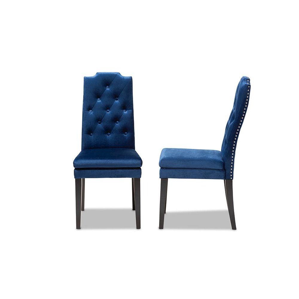 Navy Blue Velvet Fabric Upholstered Button Tufted Wood Dining Chair Set of 2. Picture 3