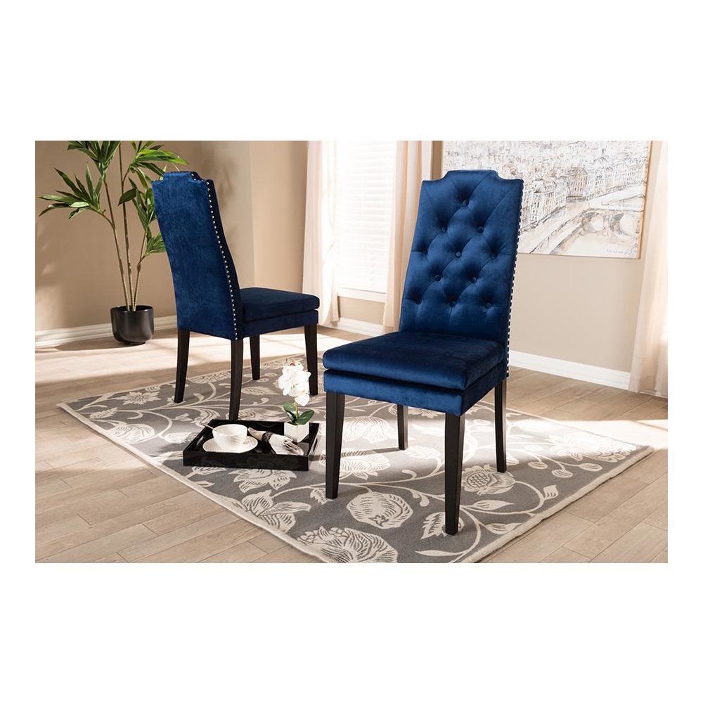 Navy Blue Velvet Fabric Upholstered Button Tufted Wood Dining Chair Set of 2. Picture 5