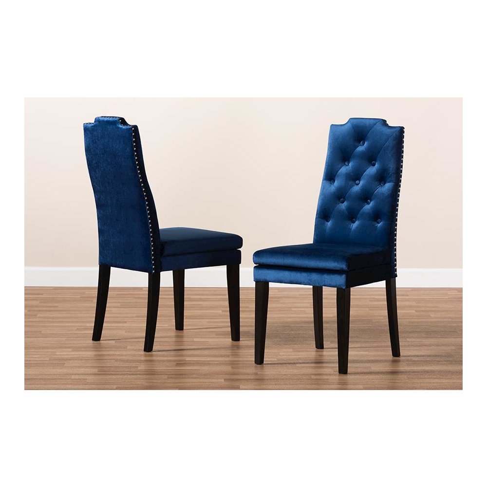 Navy Blue Velvet Fabric Upholstered Button Tufted Wood Dining Chair Set of 2. Picture 6