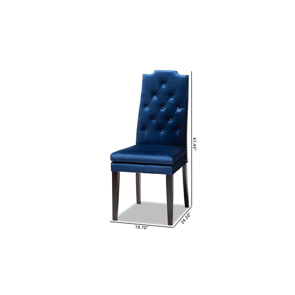 Navy Blue Velvet Fabric Upholstered Button Tufted Wood Dining Chair Set of 2. Picture 7