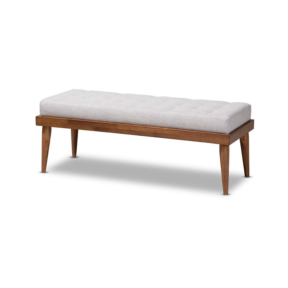 Greyish Beige Fabric Upholstered and Button Tufted Wood Bench. Picture 1