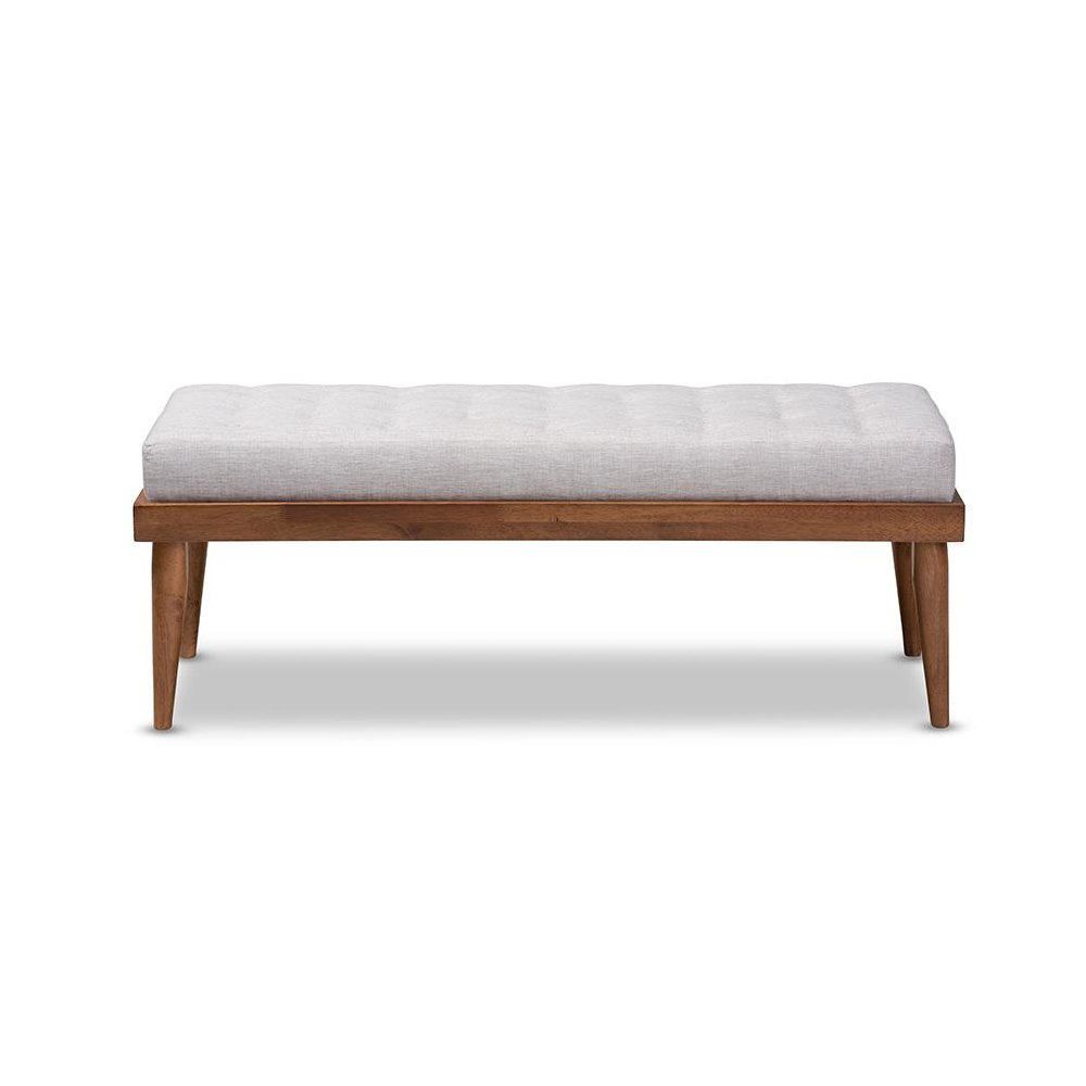 Greyish Beige Fabric Upholstered and Button Tufted Wood Bench. Picture 2