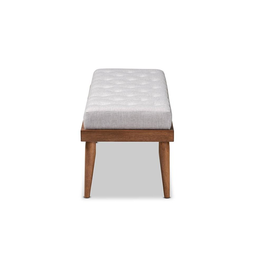 Greyish Beige Fabric Upholstered and Button Tufted Wood Bench. Picture 3