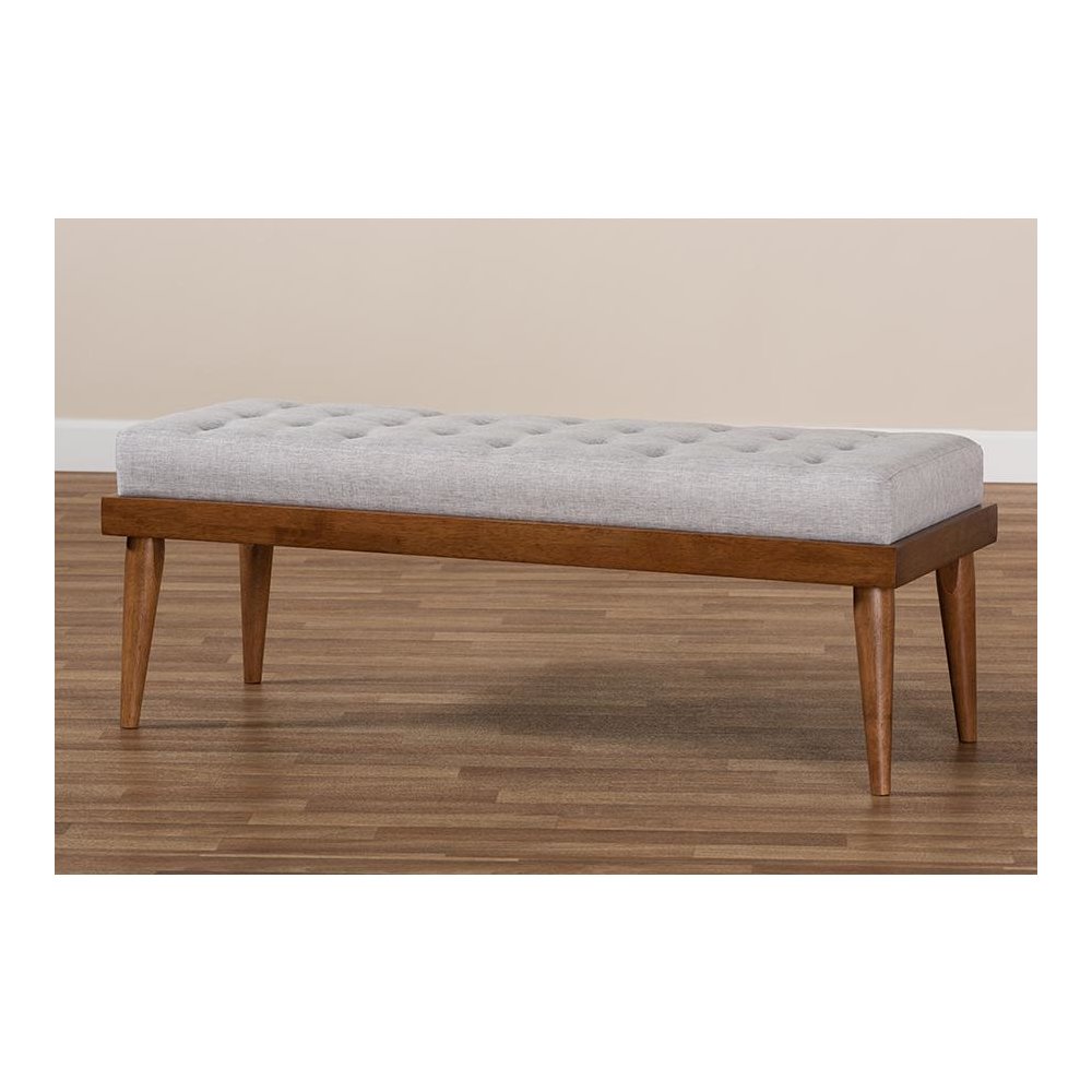 Greyish Beige Fabric Upholstered and Button Tufted Wood Bench. Picture 7