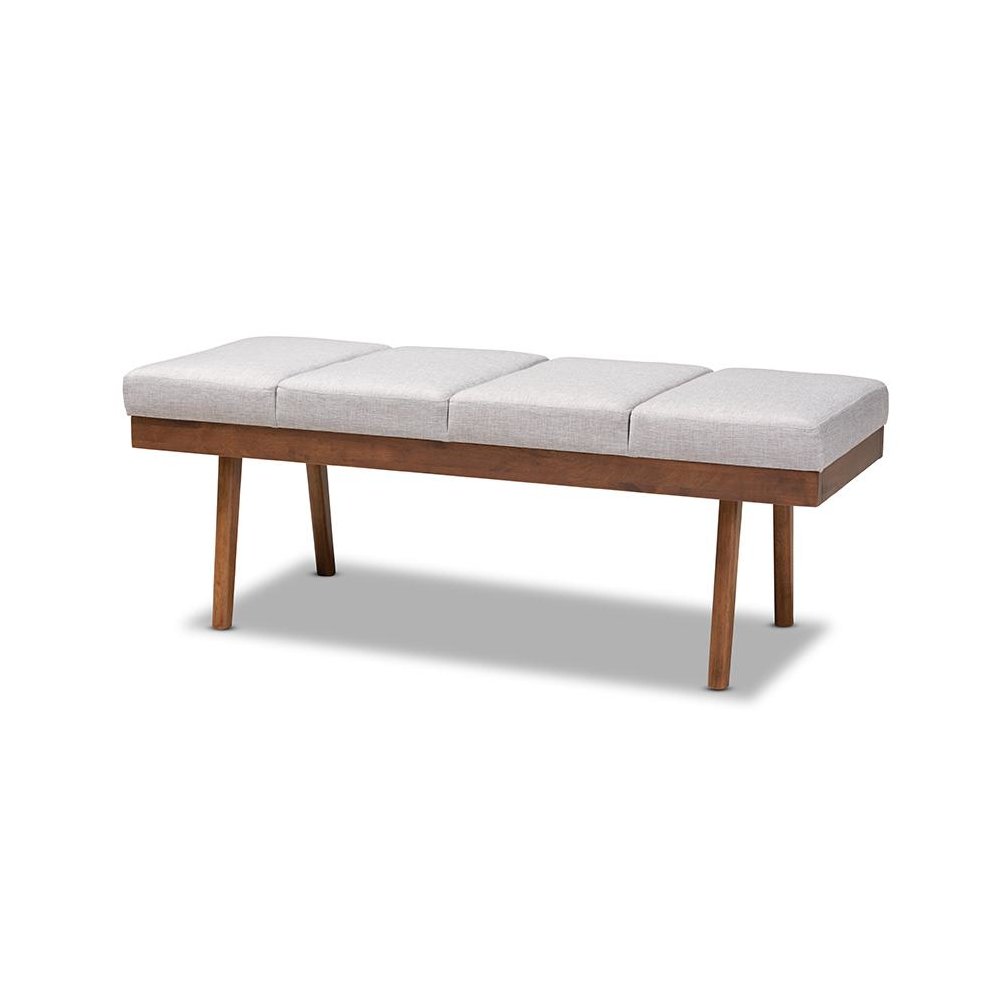 Larisa Mid-Century Modern Grayish Beige Fabric Upholstered Wood Bench. Picture 1