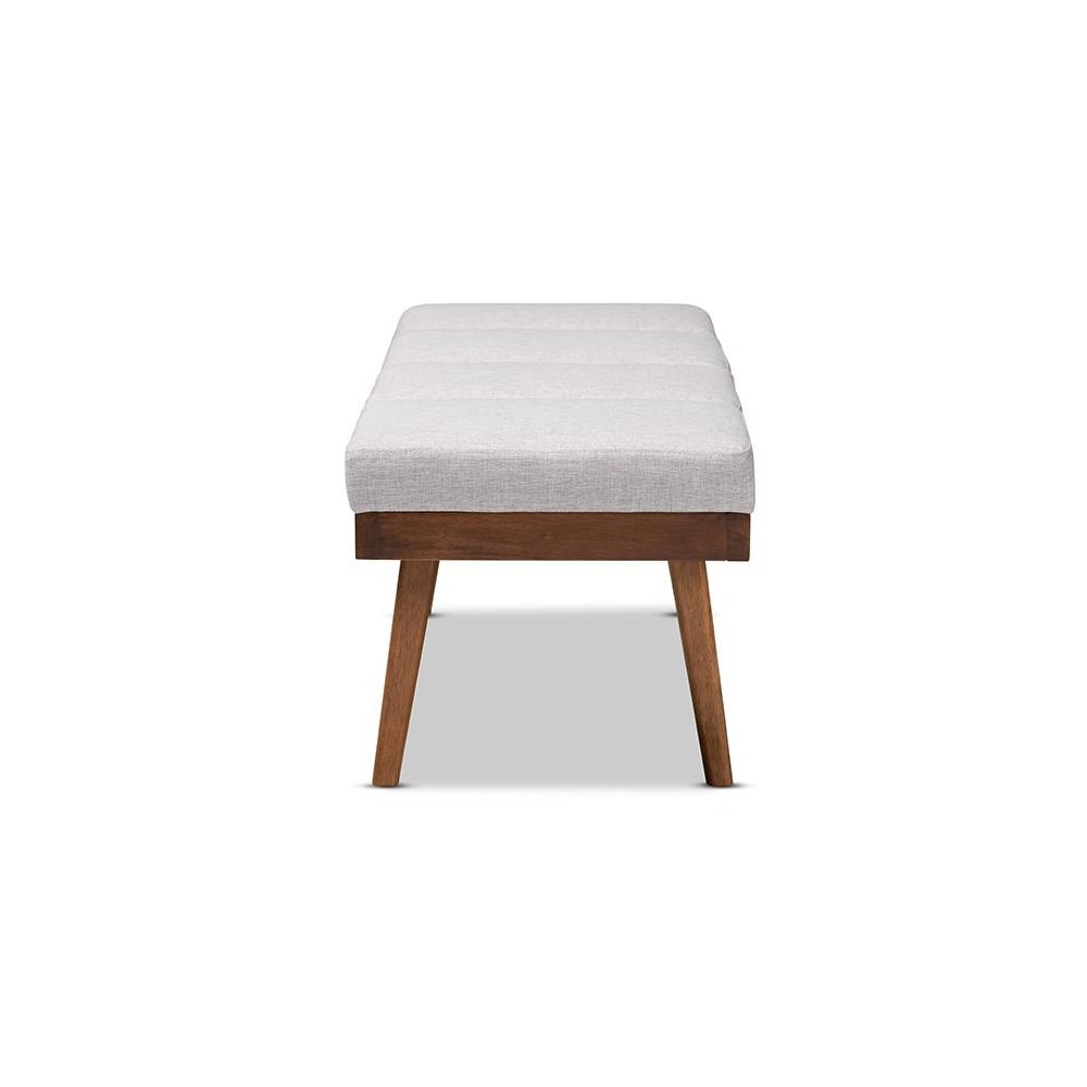 Larisa Mid-Century Modern Grayish Beige Fabric Upholstered Wood Bench. Picture 3