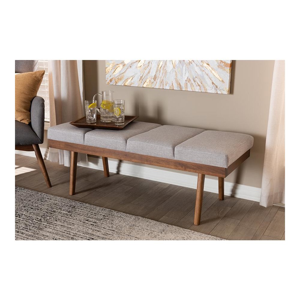 Larisa Mid-Century Modern Grayish Beige Fabric Upholstered Wood Bench. Picture 6