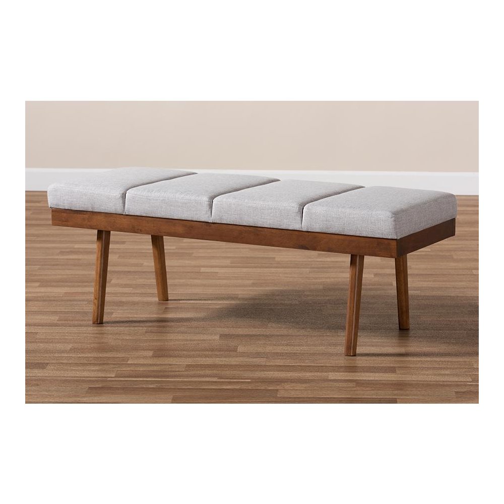 Larisa Mid-Century Modern Grayish Beige Fabric Upholstered Wood Bench. Picture 7