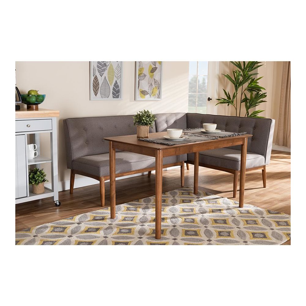 Arvid Mid-Century Modern Gray Fabric Upholstered 3-Piece Wood Dining Nook Set. Picture 4