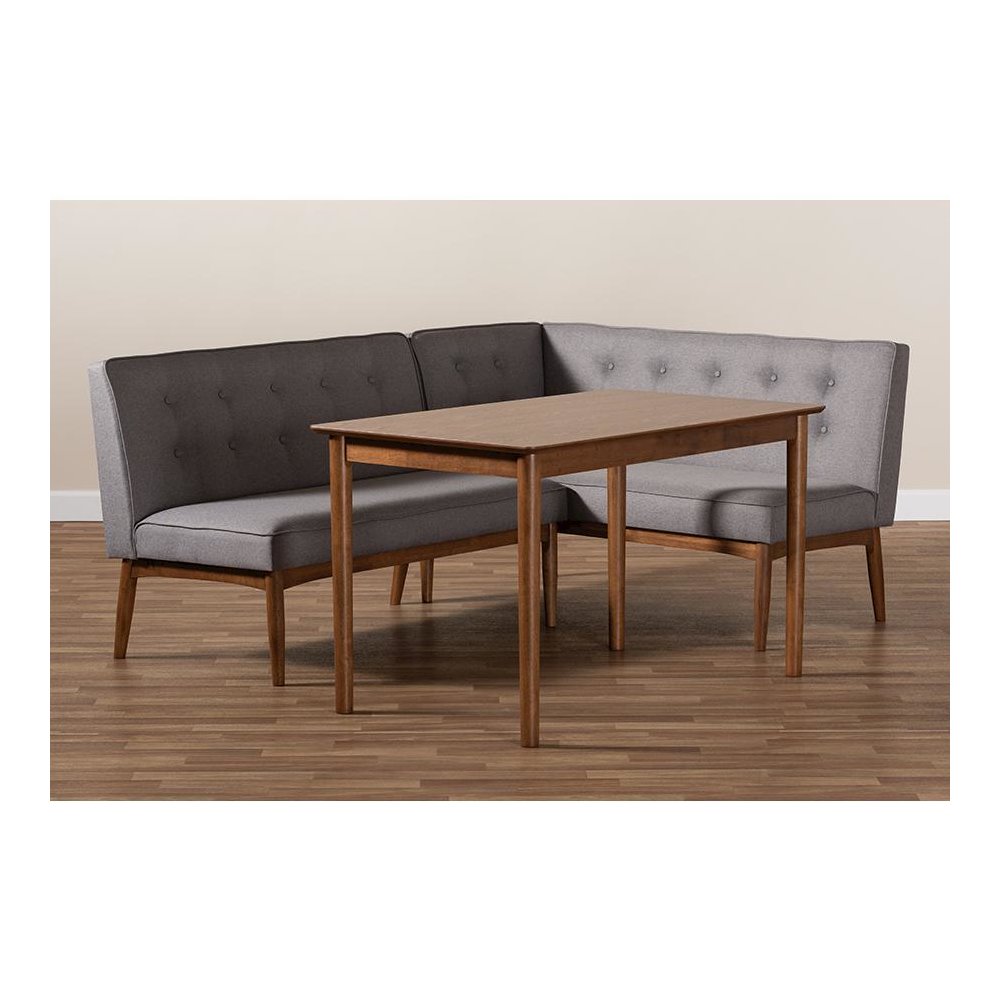 Arvid Mid-Century Modern Gray Fabric Upholstered 3-Piece Wood Dining Nook Set. Picture 5