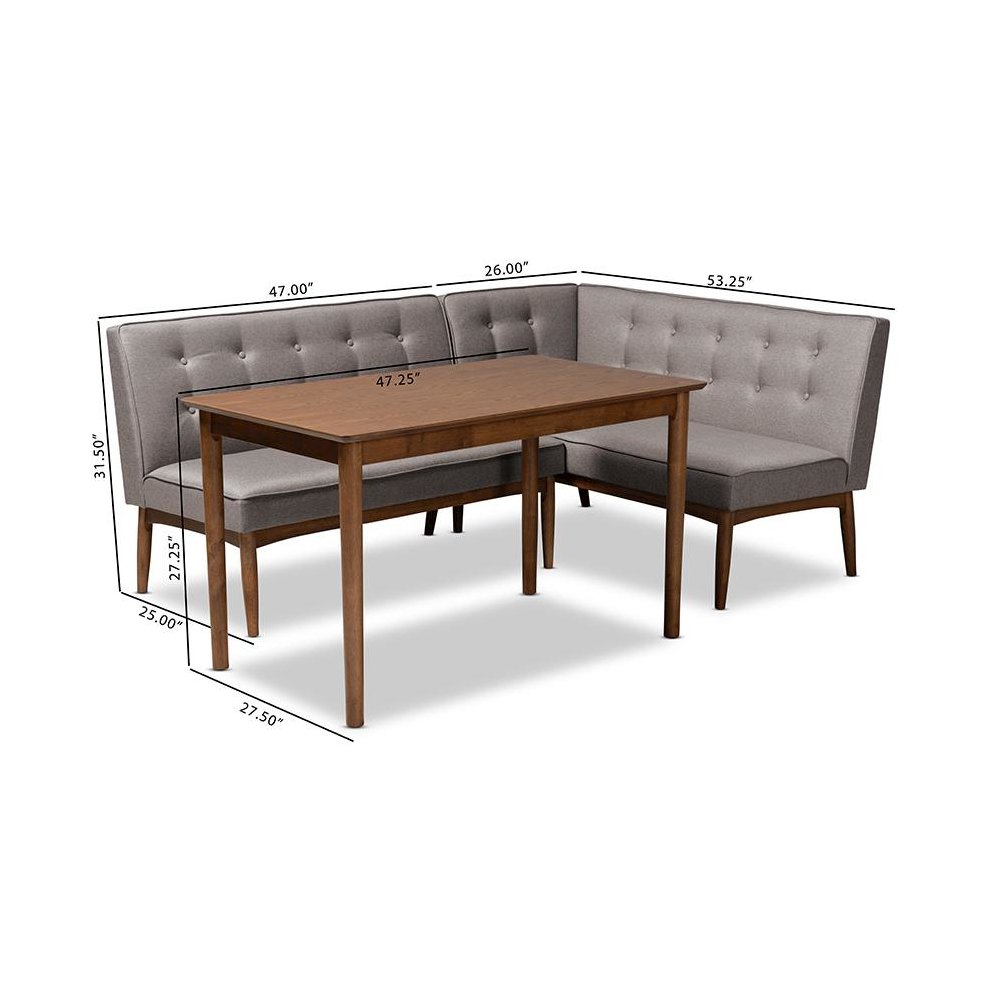 Arvid Mid-Century Modern Gray Fabric Upholstered 3-Piece Wood Dining Nook Set. Picture 6