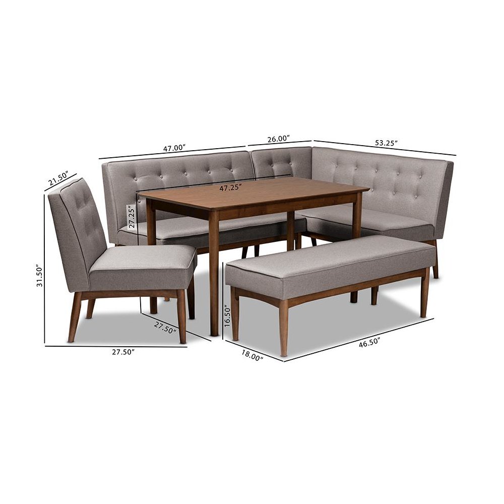 Arvid Mid-Century Modern Gray Fabric Upholstered 5-Piece Wood Dining Nook Set. Picture 6