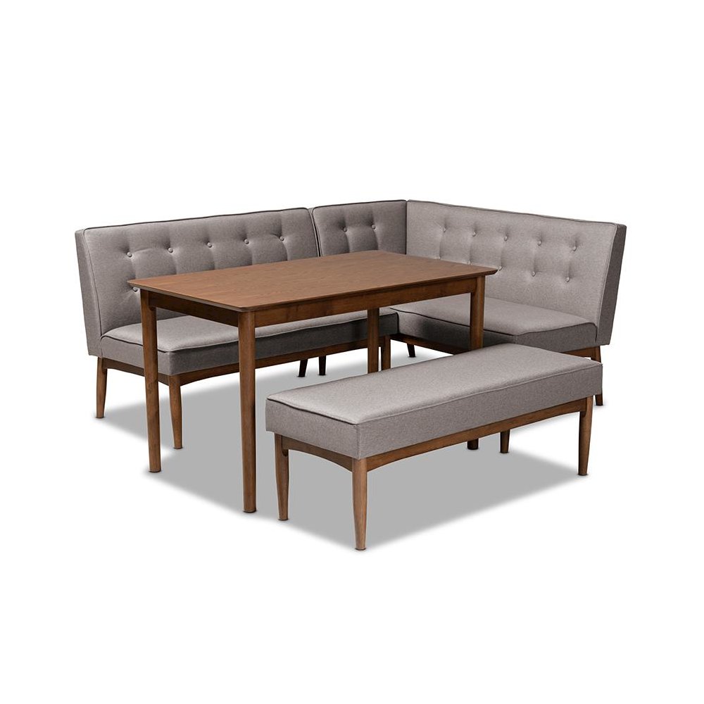Arvid Mid-Century Modern Gray Fabric Upholstered 4-Piece Wood Dining Nook Set. Picture 1