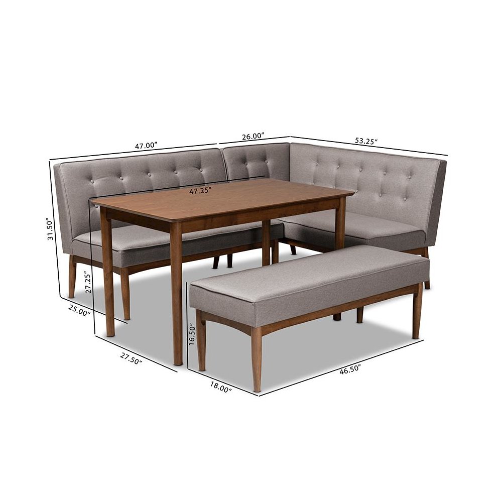 Arvid Mid-Century Modern Gray Fabric Upholstered 4-Piece Wood Dining Nook Set. Picture 6
