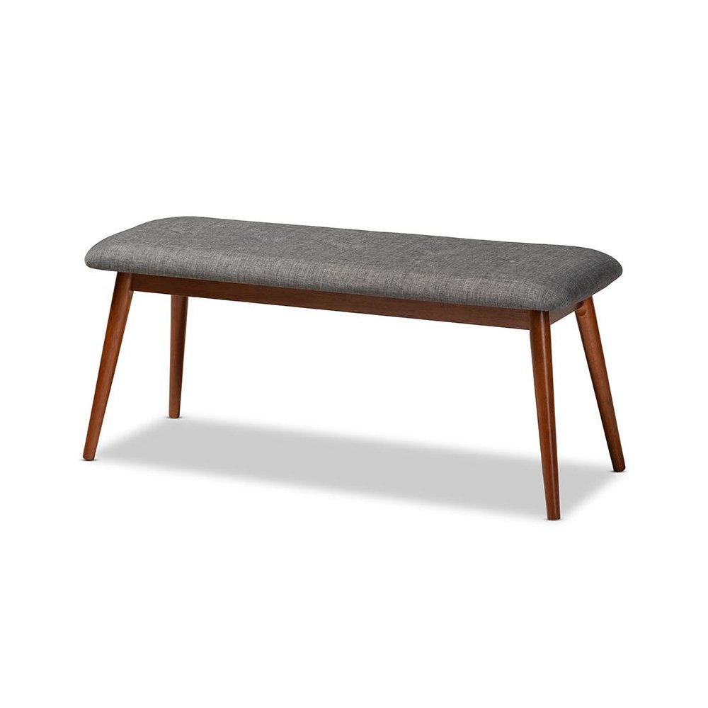 Dark Grey Fabric Upholstered Medium Oak Finished Wood Dining Bench. Picture 1