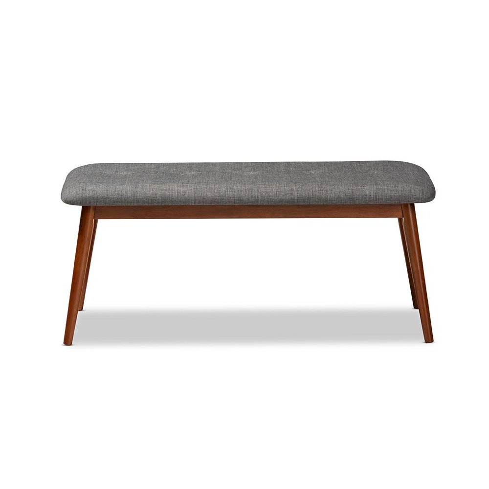 Dark Grey Fabric Upholstered Medium Oak Finished Wood Dining Bench. Picture 2