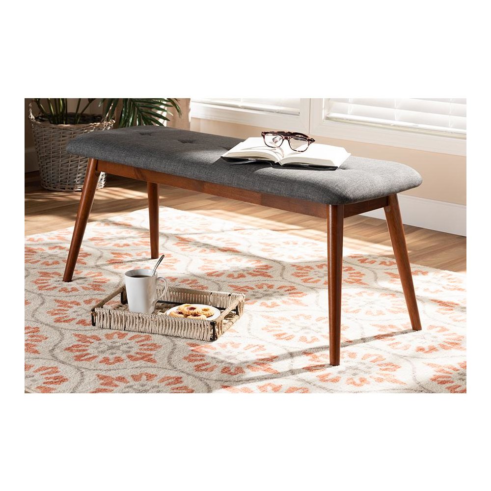 Dark Grey Fabric Upholstered Medium Oak Finished Wood Dining Bench. Picture 6