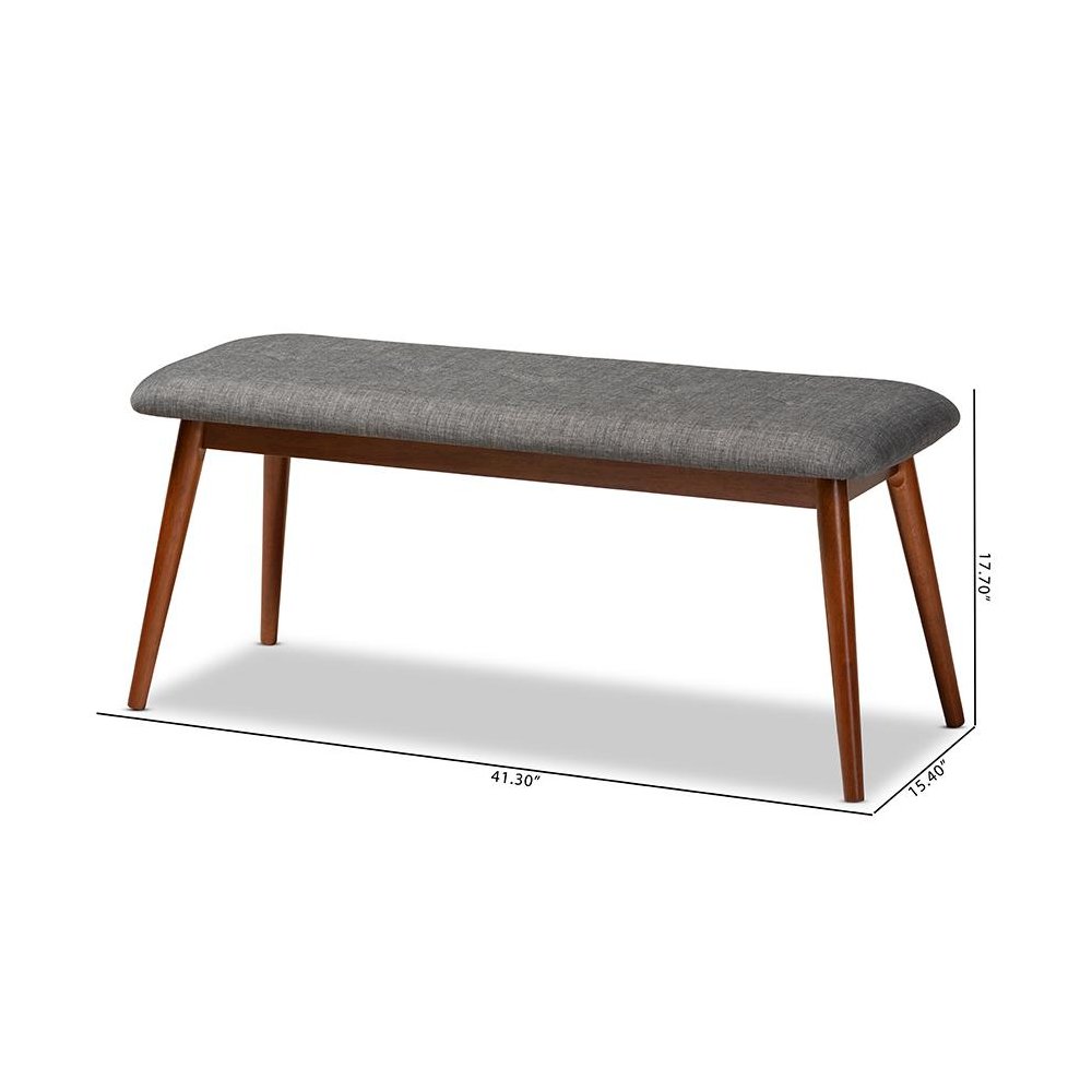 Dark Grey Fabric Upholstered Medium Oak Finished Wood Dining Bench. Picture 8