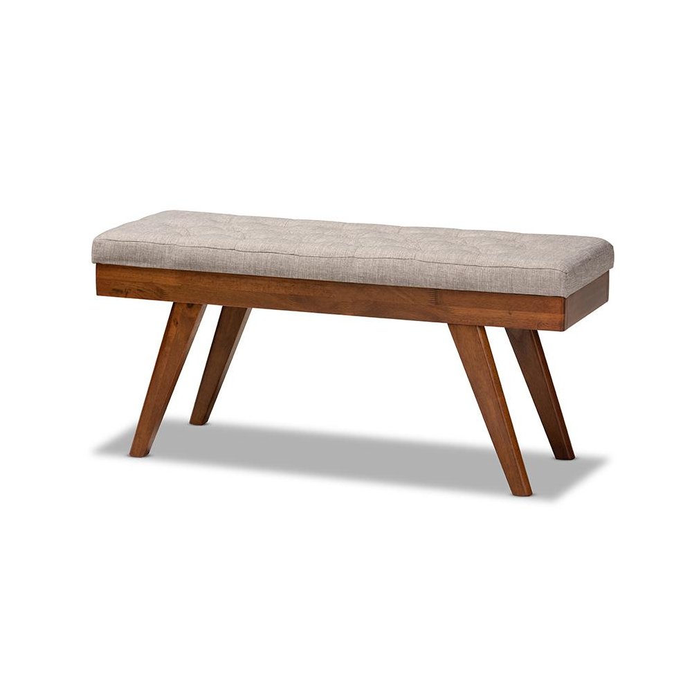 Alona Mid-Century Modern Light Grey Fabric Upholstered Wood Dining Bench. Picture 1