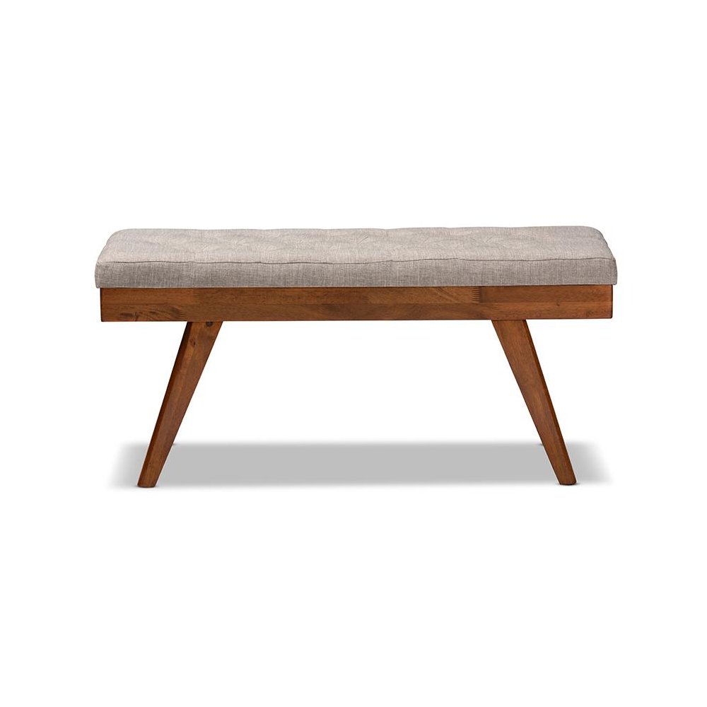 Alona Mid-Century Modern Light Grey Fabric Upholstered Wood Dining Bench. Picture 2
