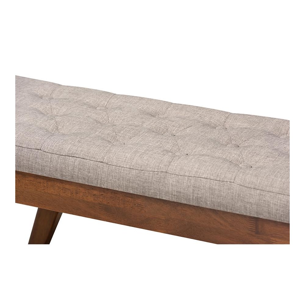 Alona Mid-Century Modern Light Grey Fabric Upholstered Wood Dining Bench. Picture 4