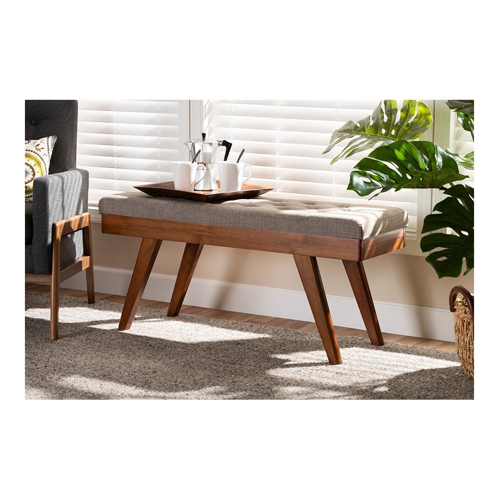 Alona Mid-Century Modern Light Grey Fabric Upholstered Wood Dining Bench. Picture 6