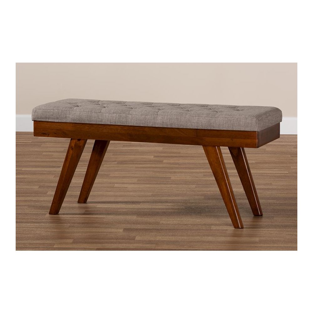 Alona Mid-Century Modern Light Grey Fabric Upholstered Wood Dining Bench. Picture 7