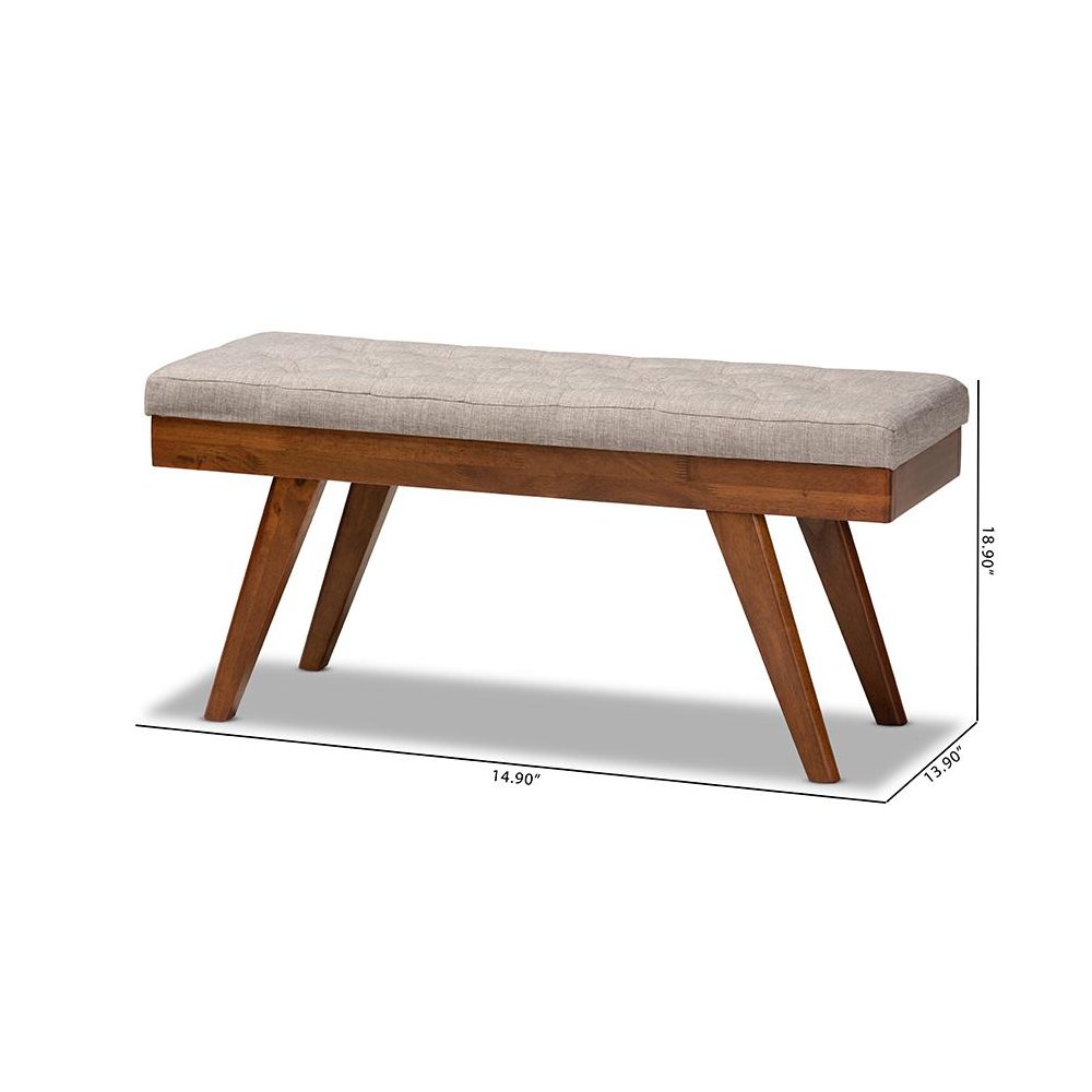Alona Mid-Century Modern Light Grey Fabric Upholstered Wood Dining Bench. Picture 8