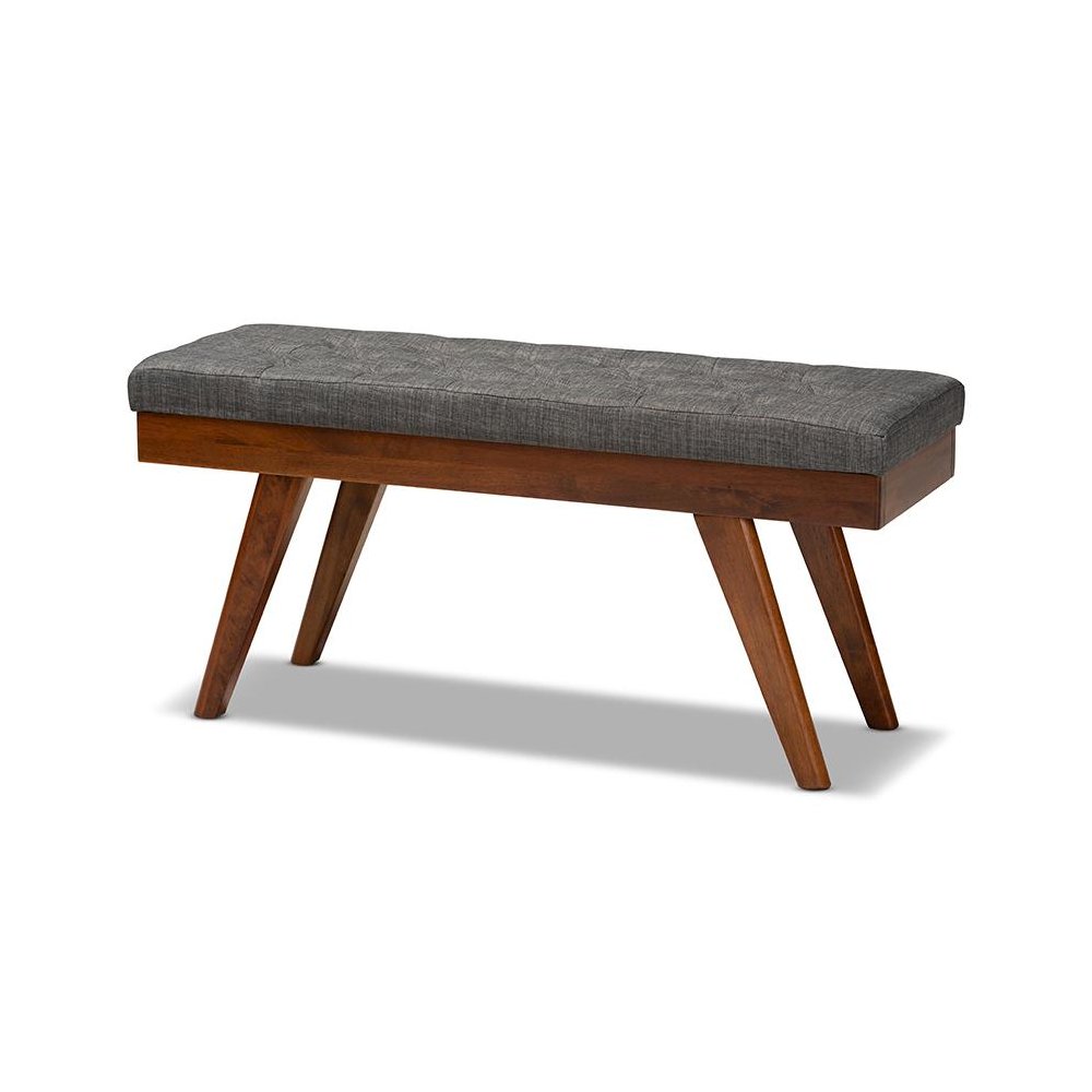 Alona Mid-Century Modern Medium Grey Fabric Upholstered Wood Dining Bench. Picture 1