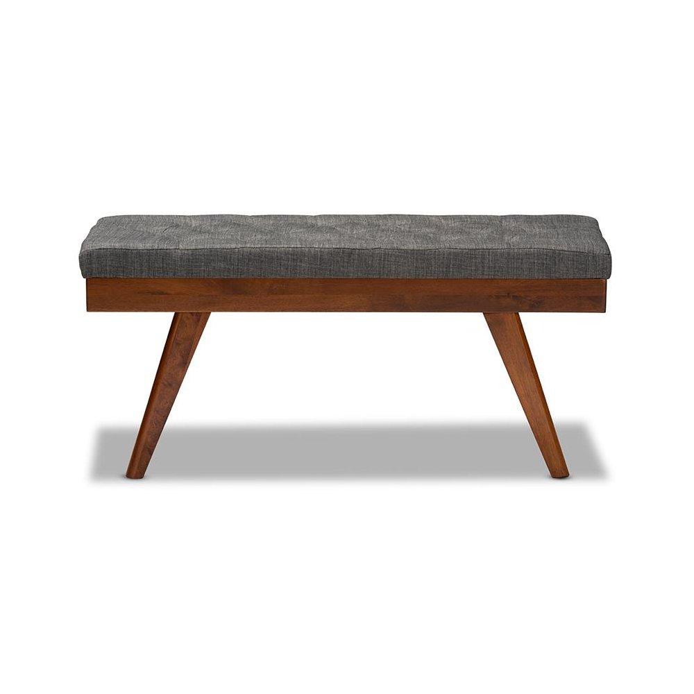 Alona Mid-Century Modern Medium Grey Fabric Upholstered Wood Dining Bench. Picture 2