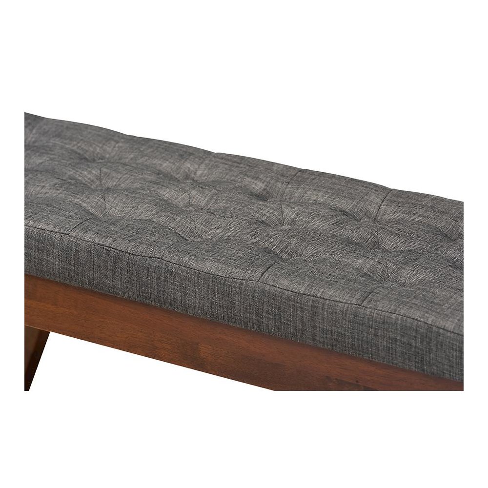 Alona Mid-Century Modern Medium Grey Fabric Upholstered Wood Dining Bench. Picture 4